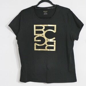 BCBG Women T-Shirt XL Black Gold Metallic Logo Money Chic Minimalist Streetwear
